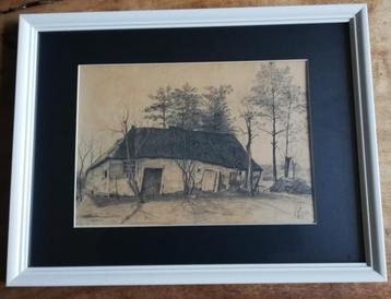 Boerderij. Potloodtekening.  Ca 1900. Sign. 43/33 cm.  beschikbaar voor biedingen