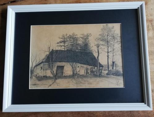 Boerderij. Potloodtekening.  Ca 1900. Sign. 43/33 cm., Antiek en Kunst, Kunst | Tekeningen en Foto's, Ophalen