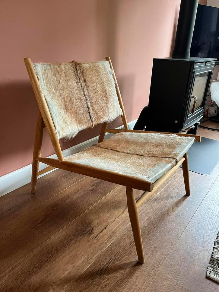 EKI fauteuil Kavehome - teakhout en geitenleer, Huis en Inrichting, Stoelen, Zo goed als nieuw, Eén, Bruin, Ophalen