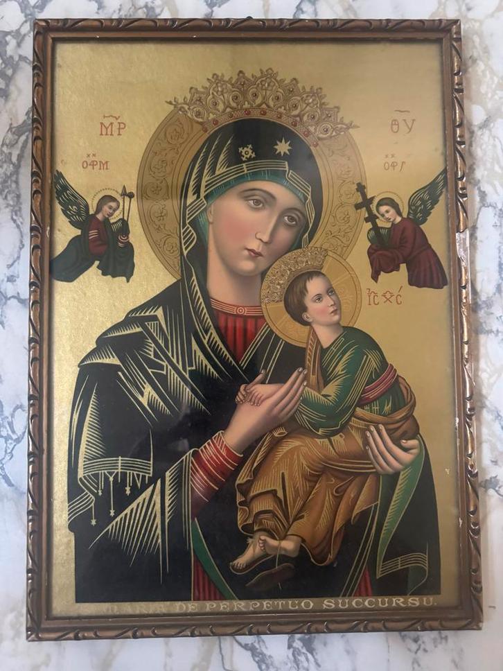 Antieke religieuze lijst Maria met kind en engelen, Antiek en Kunst, Antiek | Religie, Ophalen of Verzenden