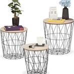 Bijzettafel met draadmand - set van 3 - metaal - houtlook, Minder dan 55 cm, Metaal of Aluminium, Rond, Ophalen of Verzenden
