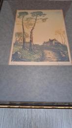 Oude prent met landschap en huis, Antiek en Kunst, Ophalen of Verzenden