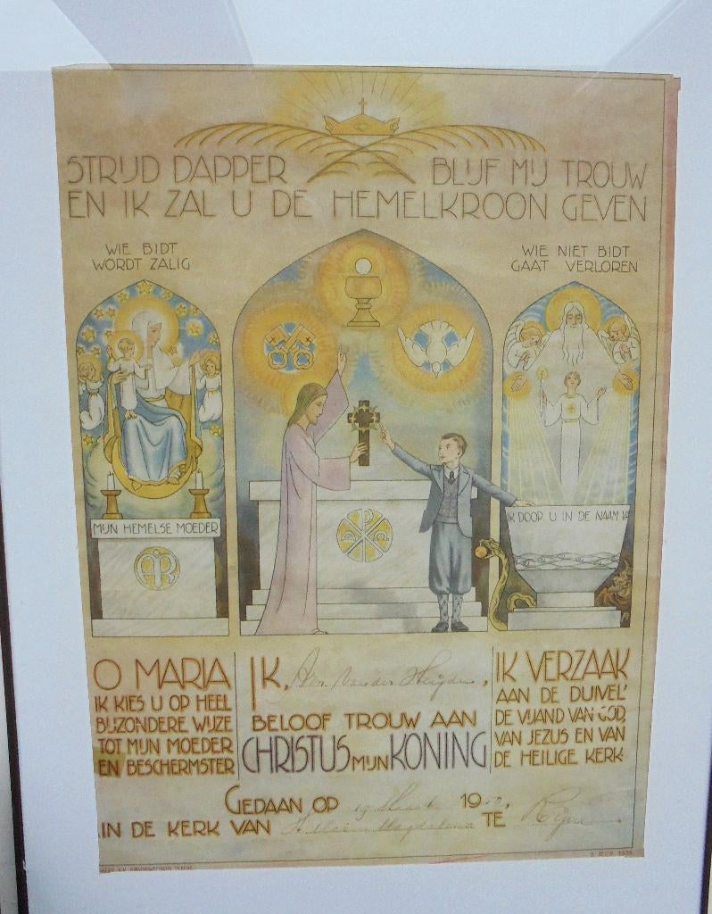 Oude religieuze prent doopbelofte RIJEN (NB) gedaan 1950., Antiek en Kunst, Ophalen of Verzenden