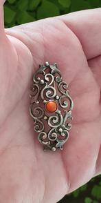 Sterling zilveren broche, victoriaans, met Koraal! + merkjes, 4 tot 7 cm, Verzenden, Zo goed als nieuw, Zilver