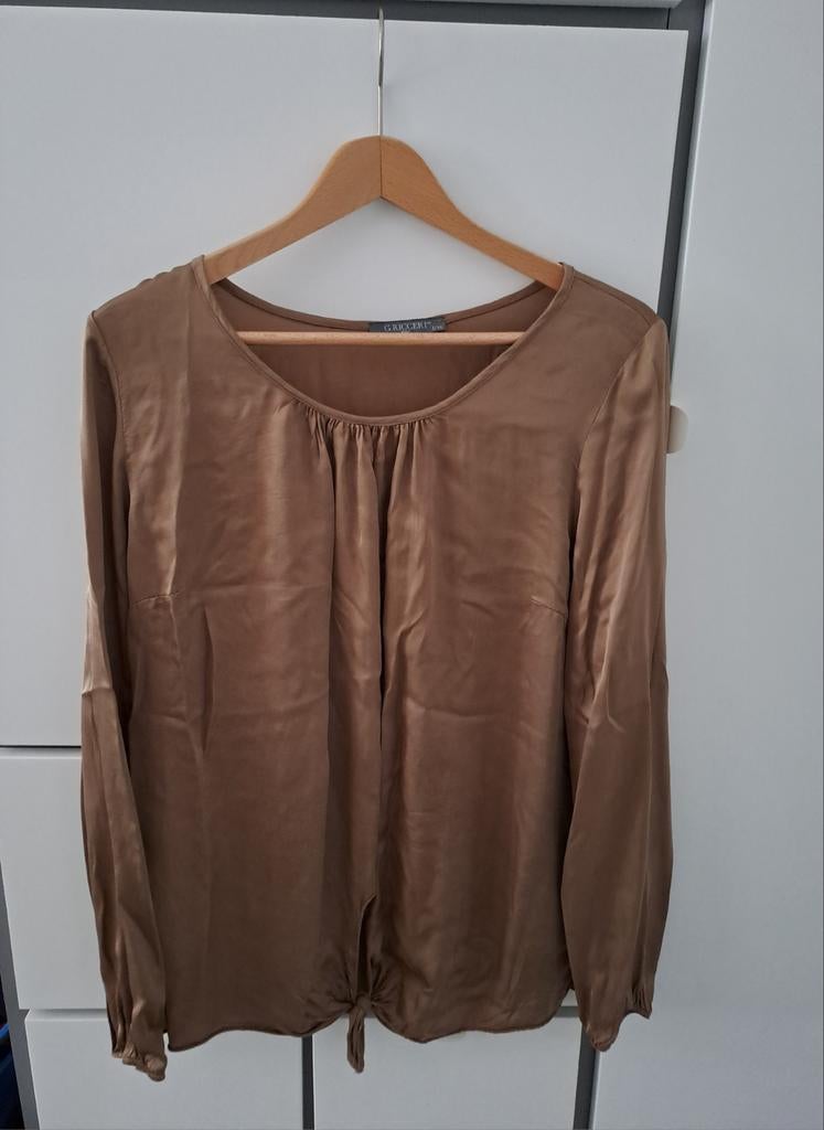 Satijnlook blouse shirt bruin G. Ricceri Italy maat L/XL, Ophalen of Verzenden, Zo goed als nieuw, Maat 46/48 (XL) of groter, Beige