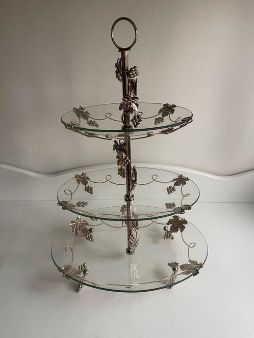 Etagere’ 3 laags Zilver Bronsachtig - Druiven Blaadjes Glas, Huis en Inrichting, Woonaccessoires | Etagères, Gebruikt, Ophalen