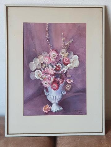 aquarel 1985 vaas bloemen  paars Johanna Regouw 1905-1992