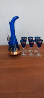 Blauw glazen karaf met 6 likeur glaasjes, Antiek en Kunst, Antiek | Glas en Kristal, Ophalen of Verzenden
