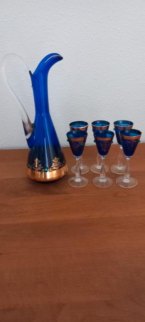 Blauw glazen karaf met 6 likeur glaasjes, Antiek en Kunst, Antiek | Glas en Kristal, Ophalen of Verzenden