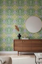 14230 vintage behang groovy groen met mosterd en mauve swiet, Ophalen of Verzenden, Groen