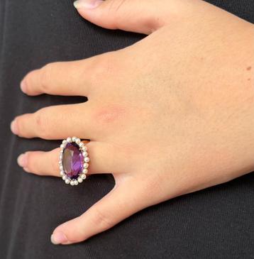 Amethist edelsteen fraaie 14k gouden parel dames ring uniek beschikbaar voor biedingen