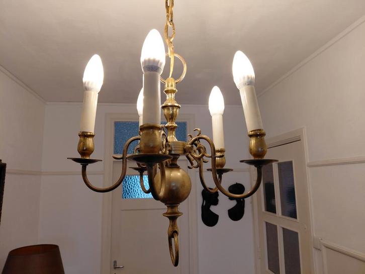 Schitterende Antieke Koperen Kroonluchter met 5 Armen IZGST, Huis en Inrichting, Lampen | Kroonluchters, Gebruikt, Metaal, Ophalen of Verzenden