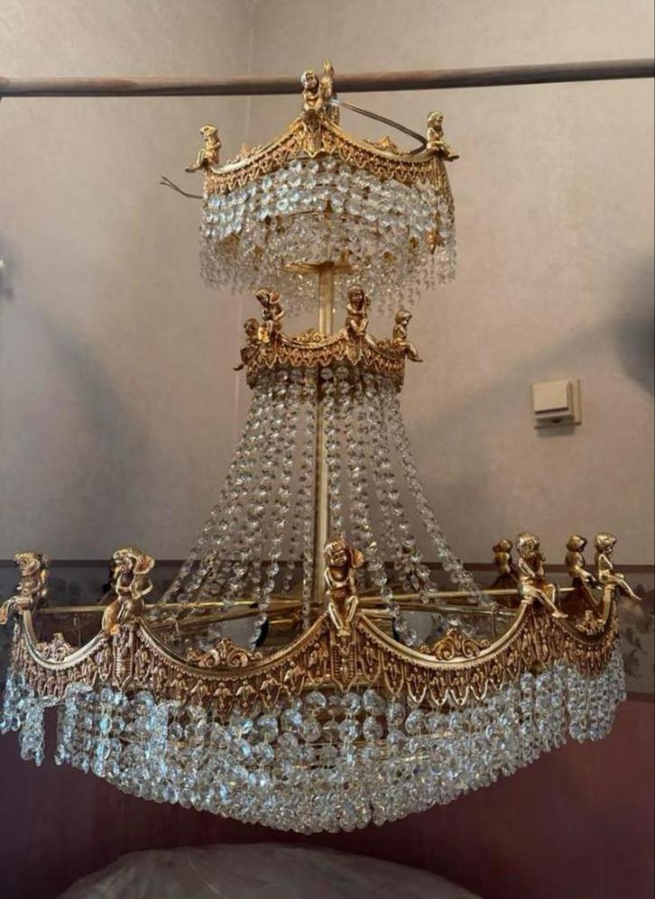 Klassieke Gouden Kroonluchter met Kristallen, Huis en Inrichting, Lampen | Kroonluchters, Gebruikt, Metaal, Ophalen