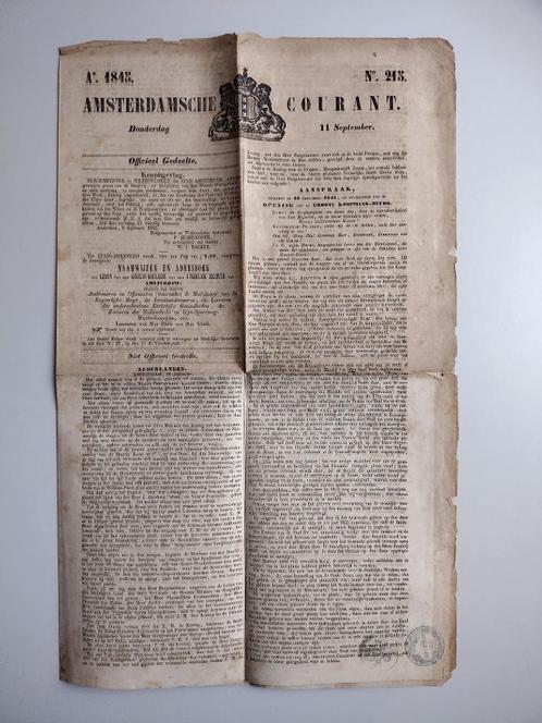 Krant -11 september 1845 - Amsterdamsche Courant - Amsterdam, Verzamelen, Tijdschriften, Kranten en Knipsels, Krant, Nederland