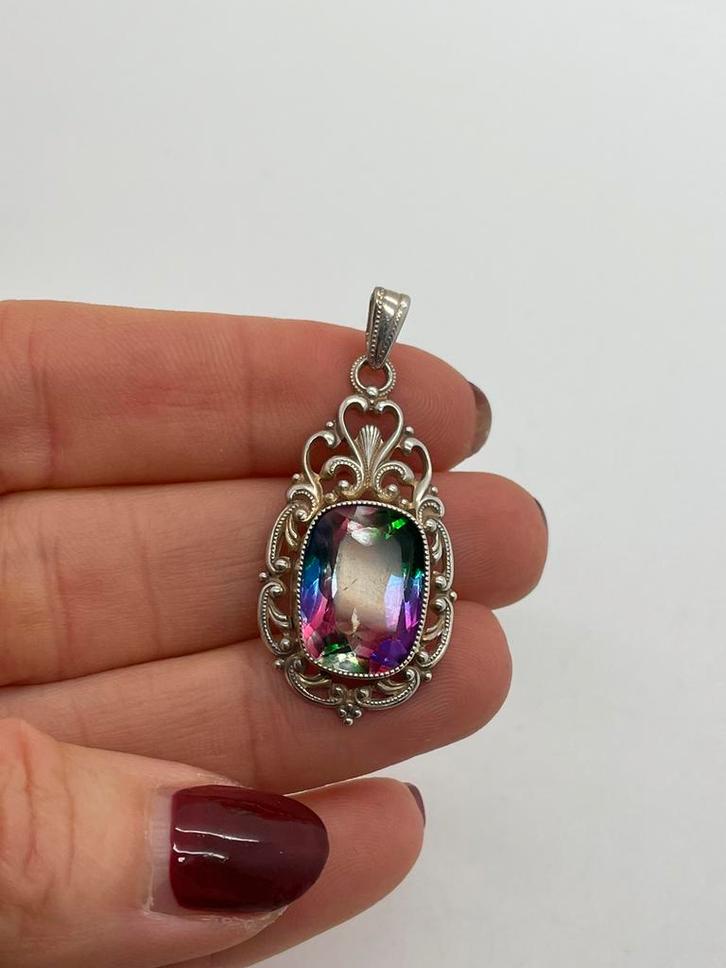 Z761 Prachtige zilveren hanger mystic topaas, Sieraden, Tassen en Uiterlijk, Antieke sieraden, Hanger, Zilver, Ophalen of Verzenden