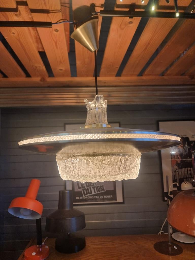 Ufo hanglamp jaren 60  metaal en ijsglas, Ophalen, Gebruikt, ,, ,