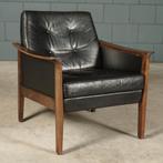 Vintage zwart lederen fauteuil – jaren 60, Huis en Inrichting, Fauteuils, Gebruikt, Minder dan 75 cm, Vintage, Hout