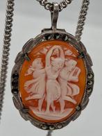 Zilveren Vintage Camee Hanger met Markasiet & Ketting, Ophalen of Verzenden, Zilver, Zilver, Met edelsteen