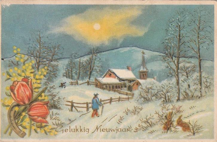 GOUDOPDRUK KERST BOERDERIJ JAREN 40 ZEER MOOIE KAART KJ319, Verzamelen, Ansichtkaarten | Themakaarten, Gelopen, 1940 tot 1960