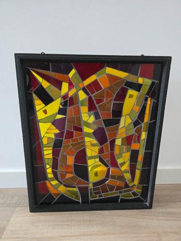 Prachtig antiek Glas in lood mozaïek kunstwerk in frame €149 beschikbaar voor biedingen