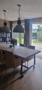 Eikenhouten tafel met stalen onderstel en wielen, Ophalen, Gebruikt, 100 tot 150 cm, Eikenhout