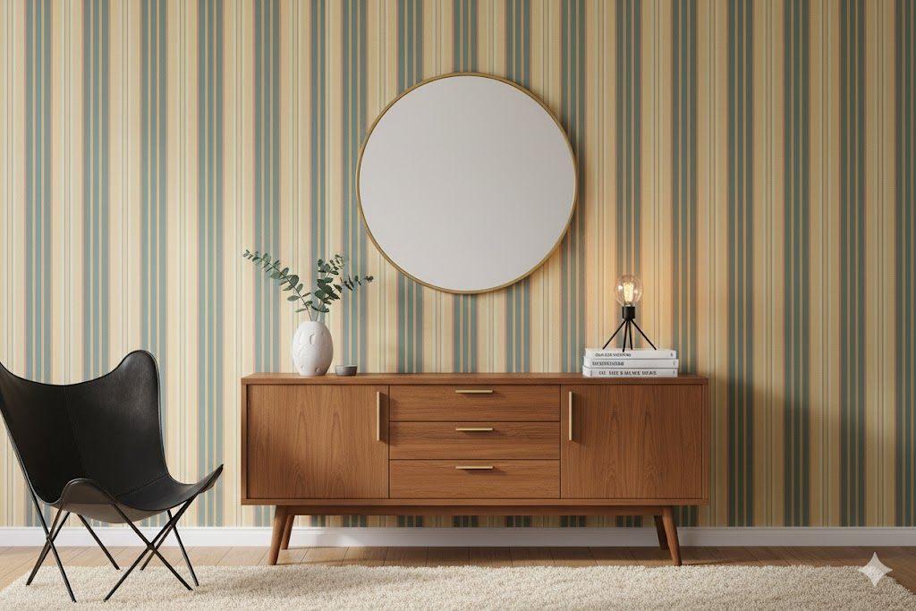 6748 groenblauw streep strepen gestreept  vintage behang, Ophalen of Verzenden, Minder dan 10 m², Rood