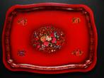 Dienblad serveerblad rood met bloemen blik metaal, Ophalen of Verzenden
