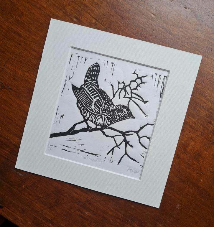 Linosnede print Winterkoning, met passe partout 20x20, zwart, Huis en Inrichting, Woonaccessoires | Schilderijen, Tekeningen en Foto's