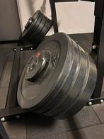 Fitness Rack 125kg olympische rubber gewichten + halterstang, Sport en Fitness, Fitnessmaterialen, Ophalen, Gebruikt, Benen, Halterset