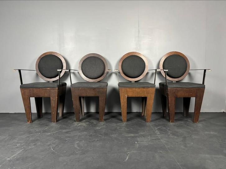 Set van 4 unieke brutalistische stoelen, Huis en Inrichting, Stoelen, Gebruikt, Vier, Hout, Metaal, Stof, Bruin, Ophalen of Verzenden