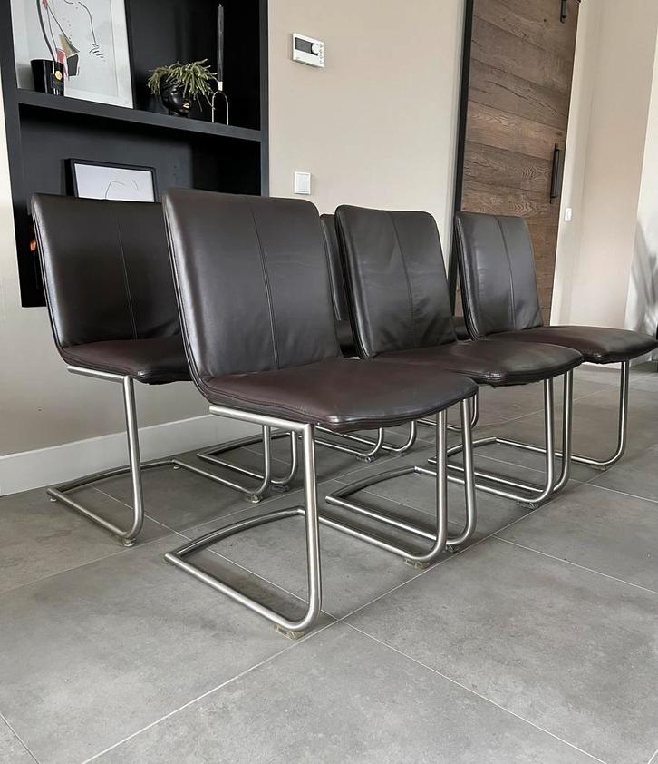 4/6 bruin leder Henders & Hazel design stoel rvs frame, Huis en Inrichting, Stoelen, Zo goed als nieuw, Vijf, Zes of meer stoelen