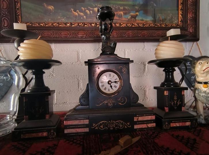 Antieke Pendule Klok met Kandelaars, Antiek en Kunst, Antiek | Klokken, Ophalen of Verzenden