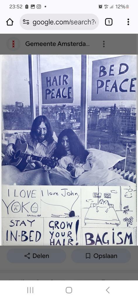 John Lennon & Yoko Ono Hilton breakfast, Verzamelen, Posters, Gebruikt, Muziek, Deurposter of groter, Rechthoekig Staand, Ophalen of Verzenden