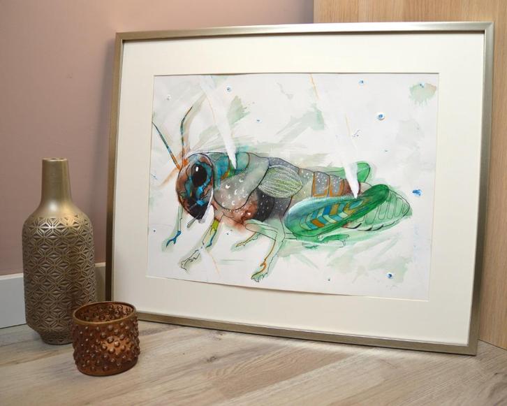 Lovely Locust - een sprinkhaan met karakter!, Antiek en Kunst, Kunst | Schilderijen | Modern, Ophalen of Verzenden