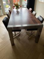 Mahoniehouten tafel + 6 leren stoelen (ook apart te koop), 200 cm of meer, 50 tot 100 cm, Modern, Metaal