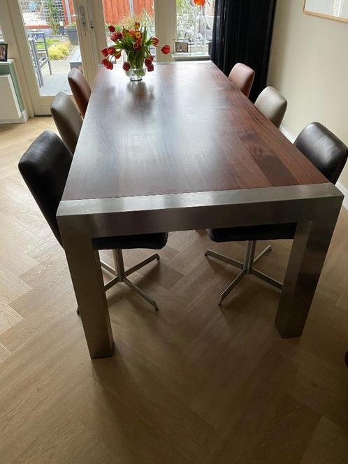 Mahoniehouten tafel + 6 leren stoelen (ook apart te koop), Huis en Inrichting, Tafels | Eettafels, Zo goed als nieuw, 50 tot 100 cm
