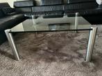 Glazen design salontafel met rvs poten, Huis en Inrichting, Tafels | Salontafels, Ophalen, 100 tot 150 cm, Vierkant, 50 tot 100 cm