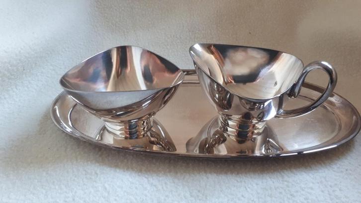 Verzilverd Suiker- en Melkstel, Driehoekig, Antiek en Kunst, Antiek | Goud en Zilver, Zilver, Ophalen of Verzenden