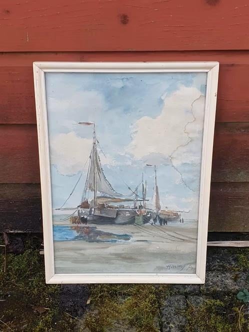 Katwijk M. J. Honing 1882 -1970 bomschuit op het strand., Antiek en Kunst, Kunst | Schilderijen | Klassiek, Ophalen