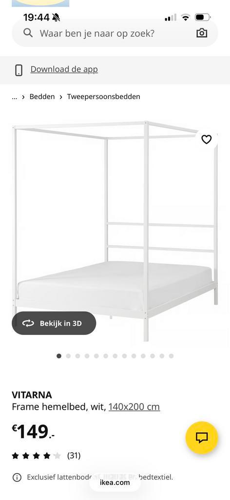 Te koop vitarna hemelbed ikea, Huis en Inrichting, Slaapkamer | Bedden, Zo goed als nieuw, Tweepersoons, 140 cm, Hout, Wit, Ophalen