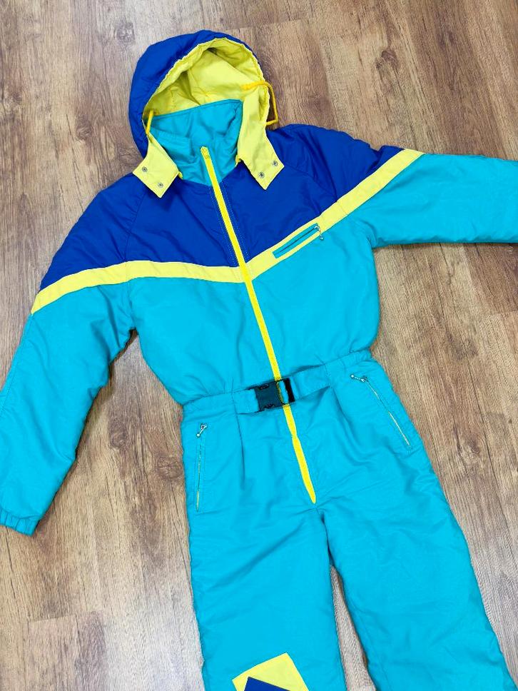 Vintage retro skipak - Turquoise, geel, paars maat XS/S, Kleding | Dames, Wintersportkleding, Gedragen, Pak, Maat 34 (XS) of kleiner