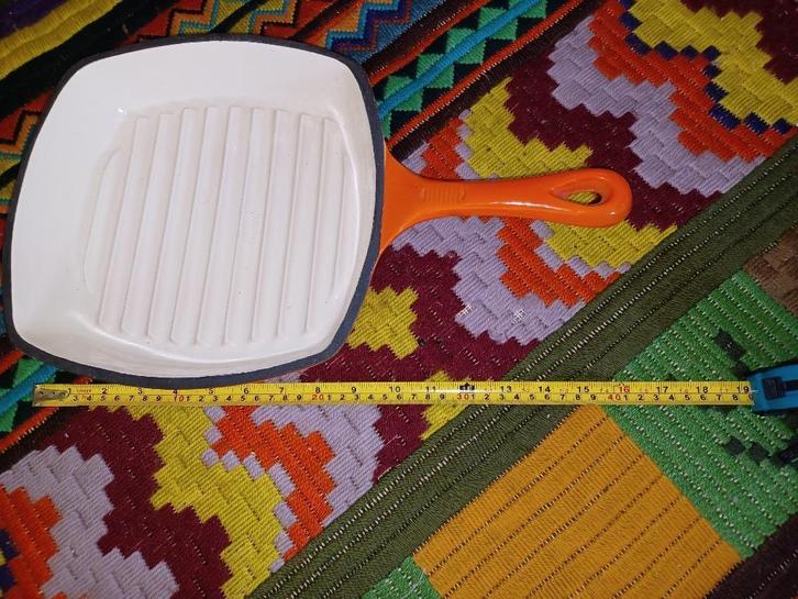 retro oranje emaille gietijzer grillpan zgan, Huis en Inrichting, Keuken | Potten en Pannen, Zo goed als nieuw, Koekenpan of Braadpan