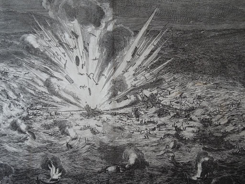 Gravure schipbrug over Schelde opgeblazen Gianibelli, 1730, Antiek en Kunst, Verzenden