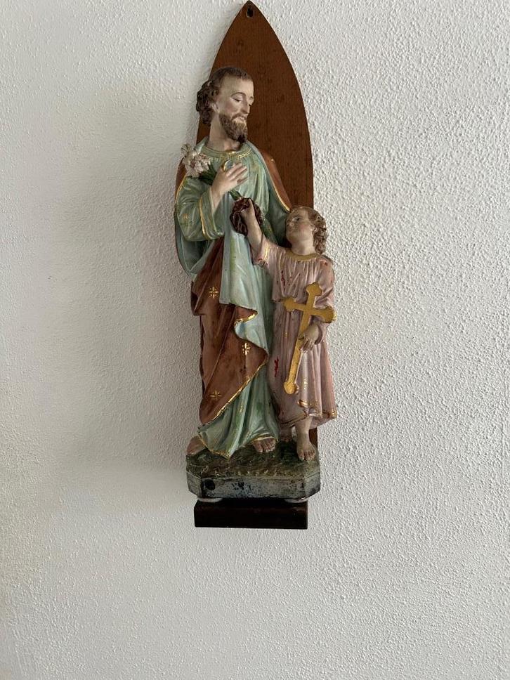 Prachtig porseleinen antiek beeld van Jozef en kind +plateau, Antiek en Kunst, Antiek | Religie, Ophalen of Verzenden