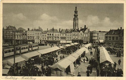 Marktdag Middelburg - volk tram kramen - ongelopen, Verzamelen, Ansichtkaarten | Nederland, Ongelopen, Zeeland, 1920 tot 1940