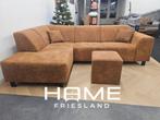 Hoekbank - Cognac - Microvezel + Hocker, 125 cm of meer, 125 cm of meer, Zo goed als nieuw, Info@homefriesland.nl