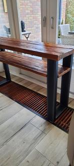 Robuuste houten eettafelset met leren stoelen, Ophalen, Gebruikt, 75 cm of meer, Landelijk