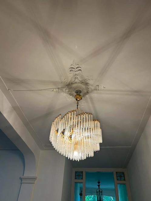 Unieke kroonluchter met glazen hangers, Huis en Inrichting, Lampen | Kroonluchters, Zo goed als nieuw, Glas, Metaal, Ophalen