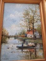 Antiek Schilderij Landschap met Boot, Antiek en Kunst, Kunst | Schilderijen | Klassiek, Ophalen of Verzenden