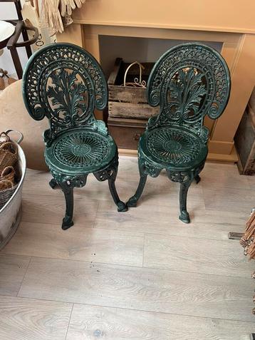 2 Leuke Groene Tuinstoeltjes, Brocante, Gietijzer, Tuinstoel beschikbaar voor biedingen